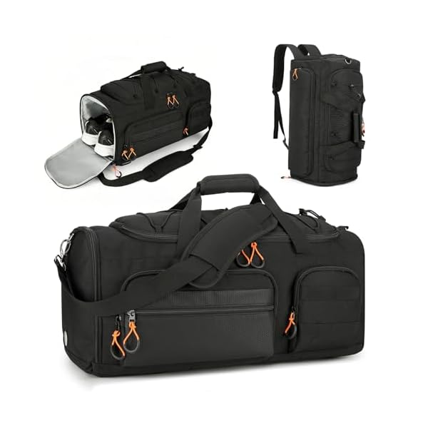 Searock 45L Gym Bag for Men, 3-In-1 Duffle Bag Backpack for Travel, Sports Duffel Bags for Gym Workout, Weekender Overnight Bag with Shoe Compartment, Wet Pocket, Black