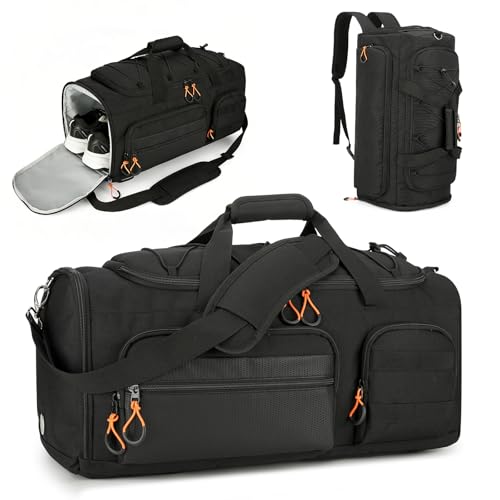 Searock 45L Gym Bag for Men, 3-In-1 Duffle Bag Backpack for Travel, Sports Duffel Bags for Gym Workout, Weekender Overnight Bag with Shoe Compartment, Wet Pocket, Black
