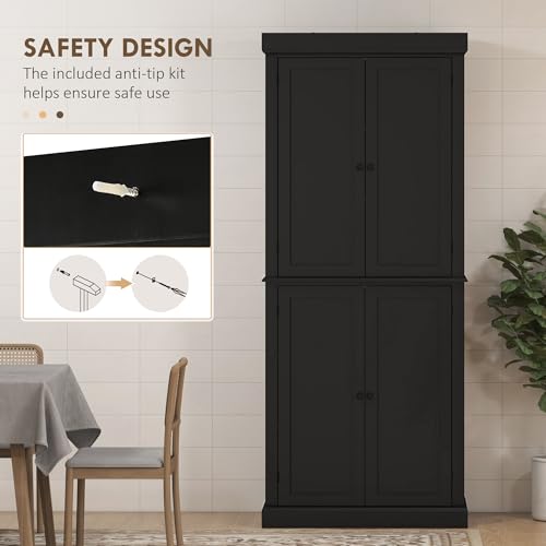 Image of HOMCOM 72.5 inch Tall Kitchen Pantry Cabinet, Freestanding Modern Farmhouse Kitchen Storage Cabinet with 4 Doors and 2 Adjustable Shelves for Dining Room, Black