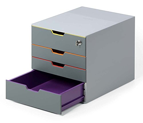 Durable Keyed Lock Desktop Drawer Organizer (Varicolor 4 Compartments With Removable Labels) 11" W X 14" D X 11.375" H, Gray & Multicolored (760627) #TOP1