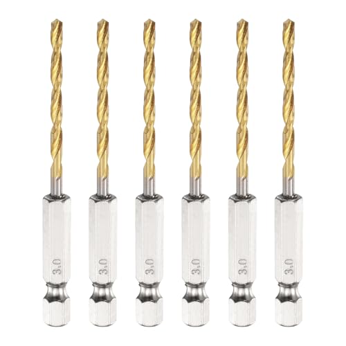QUARKZMAN 6 Stück 3mm Titanium Spiralbohrer mit 1/4' Sechskant-Schaft, 80mm Länge Hochgeschwindigkeitsstahl Bohrer für Gehärteten Metall Edelstahl Gusseisen Holz Kunststoff