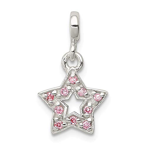 Solid 925 Sterling Silver Pink CZ Cubic Zirconia Star Enhancer - 21mm x 12mm