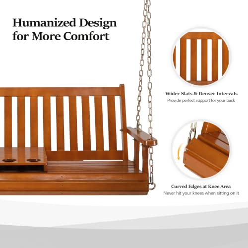 Image of VINGLI Heavy Duty 880 LBS Wooden Patio Porch Swing with Cup Holder, 5 FT Well-Finished Outdoor Swing Chair Bench with Adjustable Chains for Porch, Yard, Balcony, Tree