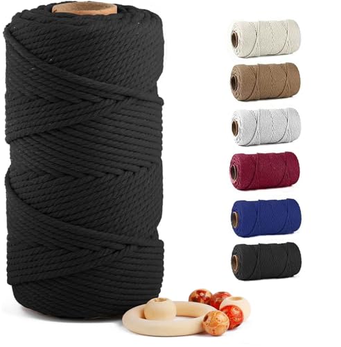 Image of ZUEXT Macrame Cord, Black, 6mm x 109yds Cotton String Macrame Yarn | 100% Natural Handmade, 4 Strands Twisted Cotton Rope, For Wall Hanging Plant Hangers Gift Wrapping Tapestry DIY Crafts, 100m
