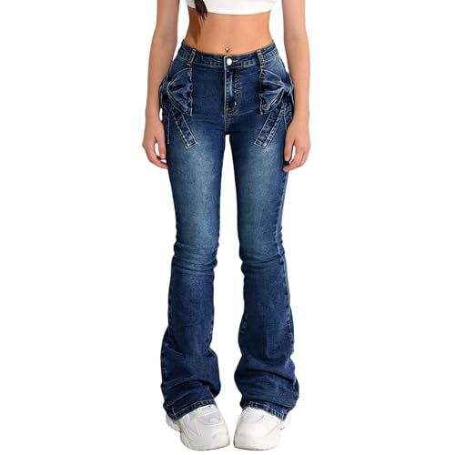 Girls 3D Bow Stretchy Flare Jeans - Casual Elastic High Waisted Bell Bottom Denim Pants for 6-13 Years with Pockets