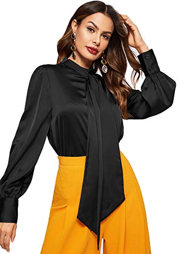 Romwe Women's Satin Bishop Sleeve Bow Tie Neck Casual Office Work Blouse Shirts Tops Black L