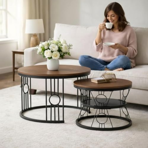 Image of Modern Nested Coffee Table Set of 2 | Round Marble Finish Tabletop with Metal Base | Luxury Center Table for Living Room, Lounge & Office (Ring Black Brown)