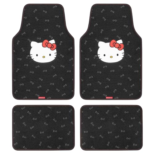 Hello Kitty Carpet Car Floor Mats - Universal Fit for Cars, SUVs & Trucks - Black with Red Bow & Hello Kitty Print - Front & Rear Set, 4 Piece Car Accessories