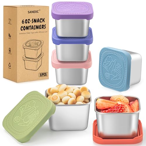SANEXC 6 Oz Stainless Steel Snack Containers for Kids - 6 Pack Metal Food Containers with Lids Silicone Easy Open 100% Leak Proof BPA Free Reusable...