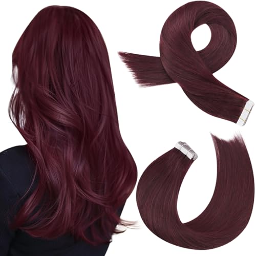 Image of Moresoo Burgundy Tape in Extensions Real Human Hair Seamless Hair Extensions Wine Red Human Hair Extensions Tape in Extensions Silky Straight Human Hair 14 Inch #99J 20pcs 40g