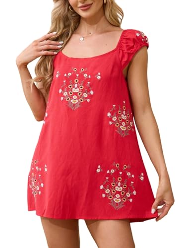 Image of Linen Mini Cute Dress Women Floral Embroidered Dress with Crew Neck and Sleeveless Casual Guest Vintage Dresses