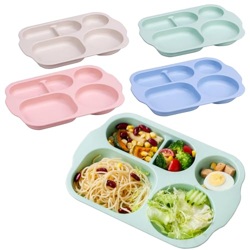 Orrdiffi Assiettes 5 Compartiments pour Les Enfants et Adultes sans BPA et Saines, Lot de 4 Plastique Reutilisable Plateau Repas Passe au Micro-ondes et au...