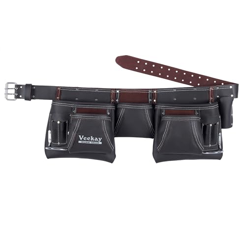 VEEKAY - Cinturón de herramientas de cuero marrón curtido al aceite de 2 pulgadas de ancho, 12 bolsillos, bolsa de herramientas, ajuste para cintura de 32 a 46 pulgadas para construcción, carpintero y