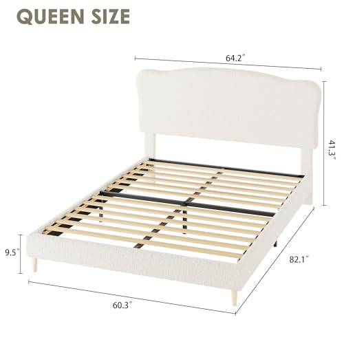 Image of GarveeHome Queen Size Bed Frame with Upholstered Headboard, Soft Low Profile Sturdy Platform Bed with Rounded Corners Design, Heavy Duty, Wooden Slats, Noise Free, No Box Spring Needed, Beige