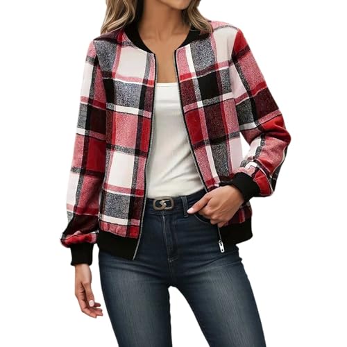 Generisch Chaqueta bomber a cuadros para mujer con cremallera - Chaqueta de entretiempo ligera con estampado de cuadros escoceses | Cazadora informal para otoño y primavera, Style_r05 Rojo, L