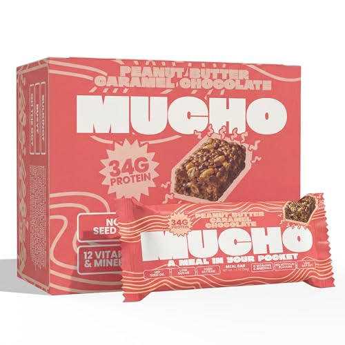 Image of Mucho Meal Bars, Chocolate Chip Crisp - 34g Protein, 3g Sugar, Low Saturated Fat - Healthy Meal Replacement Snack, Perfect for Bulking & Busy Lifestyles (8 Pack, Peanut Butter Caramel Chocolate)