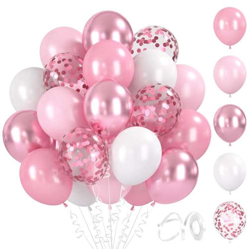 BlooMoo 60 Stück Luftballons Rosa 12 Zoll Latex Luftballons Hellrosa und Weiß Metallic Ballons und Konfetti Ballons Set für Geburtstag Hochzeit Babyparty Party Dekoration