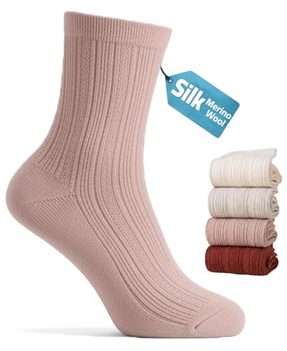 Pauzema Merino Wool & Silk Blend Boot Socks Women Winter Warm Soft Crew Socks Comfort Breathable Daily Wear for Home Work Outdoors 4-Pack