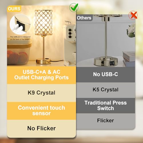 Hong-In Gold Lamp For Bedroom-Crystal Table Lamp With Usb-C+A & Ac Ports,3-Way Dimmable Bedside Lamp With Crystal Shade,Touch Lamps For Night Stands Modern Bedroom Lamp For Living Room  thumb #2