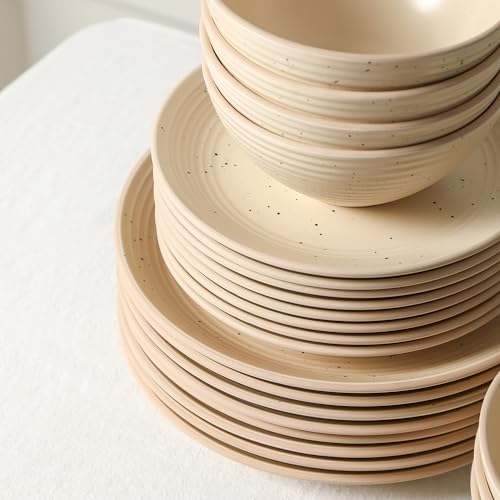 Image of Stone Lain Lauren Modern Stoneware 32-piece Round Dinnerware Set, Plates and Bowls Set, Dish set for 8, Beige