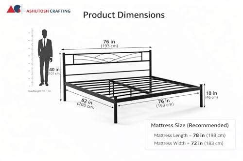 Image of Metal Frame King Size Platform Bed for Bedroom | Heavy Duty Metal Bed for Home | Hotel | Hostel | Black | 82 x 76 x 40 inch