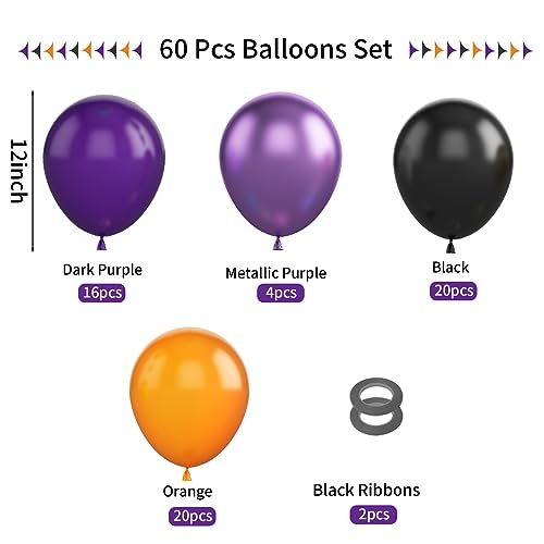 Image of FunHot Halloween Party Balloons, 60Pcs Black Purple Orange Balloons, 12 Inch Metallic Purple Black Latex Balloons Purple Orange Party Balloons Helium for Kids Halloween Birthday Decorations Indoor