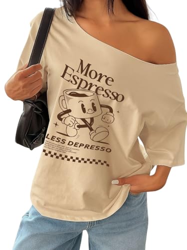 Image of SXV STYLE More Espresso Less Depresso Coffee Cup Print Off-Shoulder T-Shirt, Beige, Casual Graphic Design, Women's Loose Fit