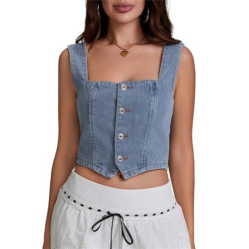 Amazon.com: Women Vintage Denim Vest Button Down TieUp