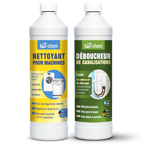 bio-chem Duo lave-vaisselle : déboucheur de canalisations 1 l + nettoyant pour lave-vaisselle 1 l extra fort contre les bouchons, le calcaire et les odeurs - doux pour les matériaux et inodore