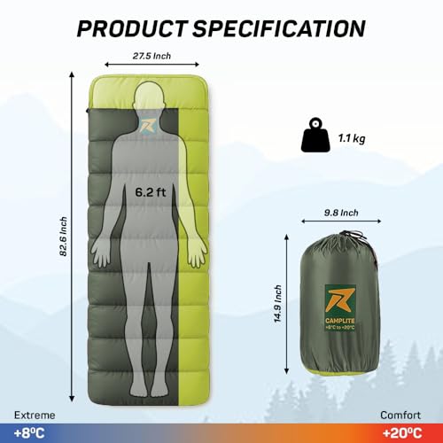 Image of Rocksport Camplite +8C to +20C Rectangular Shape Sleeping Bag for Camping, Hiking, Indoor & Outdoor, Warm Sleep Bag l Free Adventure Pass(Yellow /Army Green STR)