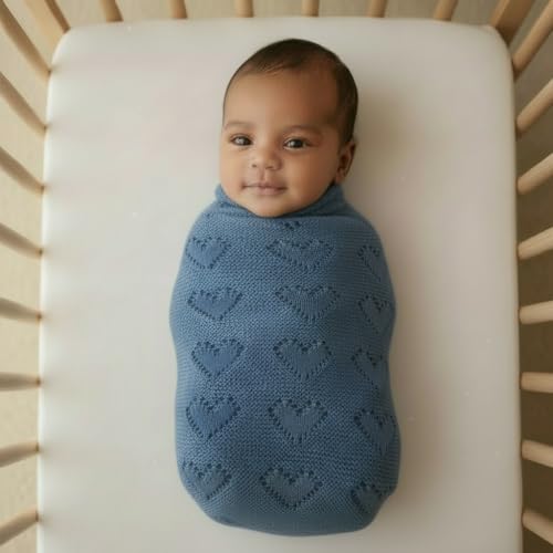 Image of Heirloom Knit Heart Receiving Unisex Blanket for Boys - 100% Luxury Cotton Baby Blanket - Soft Warm Swaddle Crib Receiving Blanket for Newborns Infants & Toddlers (Denim Blue)