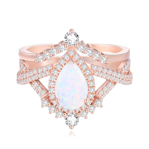 Genuine Opal Engagement Rings for Women 1.5ct Pear Shaped Opal Ring Set 925 Sterling Silver Rose Gold Wedding Ring Set Vintage Halo Infinity 2pcs Anniversary Promise Ring For Her