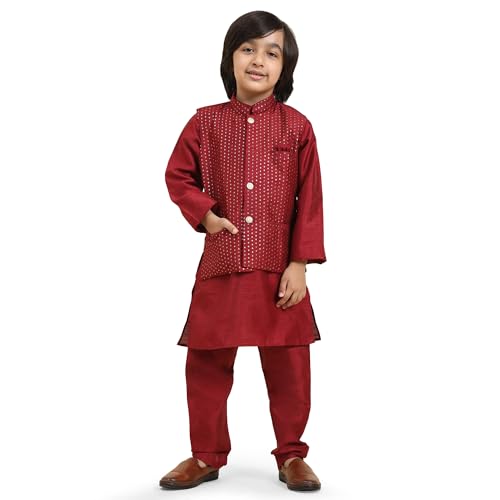 Image of Pro-Ethic Style Developer Kurta Pajama For Kids Boys With Waistcoat | Silk | Floral | Traditional Dress (S-200)