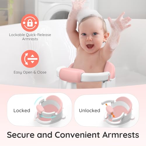 Image of Baby Bath Seat for Babies Sitting Up, Non-Slip Baby Bath Chair with Strong Suction Cups, Lockable Armrest & High Back 360 Safety Support, Ideal for Active Toddlers 6-24 Months, Pink