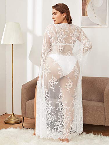 Romwe Women's Plus Size Lace Long Sleeve Sheer Beach Swimsuit Cover Up Long Kimono White Lace 2X #TOP1