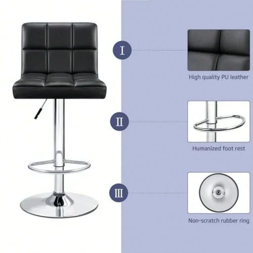Butaco Set de 2, Moderno en Cuero PU, Giratorio, Altura Ajustable, Asiento Cuadrado Acolchonado con Respaldo, Negro, para Isla de Cocina miniatura 5