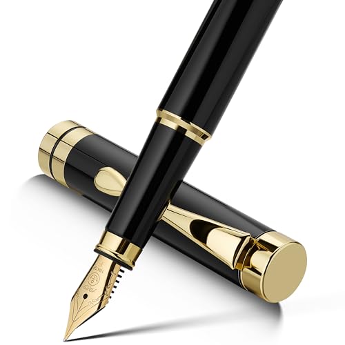 MCNTEIK Fountain Pen-Luxury Black and Gold Finish, 18K Gilded Nib(Fine), Smooth Ink Flow, Complete Set with 4 Black Ink Cartridges, Converter & Gift Box-Ideal for Professionals, Office, Journaling