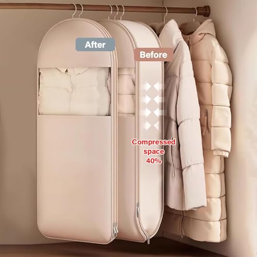 Space Saving Hanging Garment Bag with Self Compression Zipper, Garment Bags for Hanging Clothes, Winter Coat Storage, Dust Cover Clothes Bags for Down Coat (Beige-XL)3