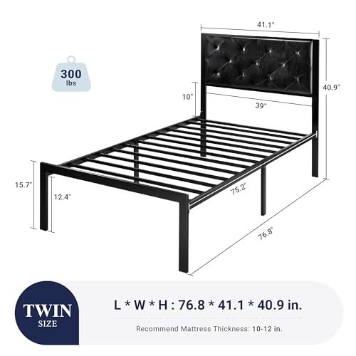 Image of Allewie Twin Bed Frame with Faux Leather Upholstered Headboard, Chic Diamond Stitched Tufted Design, No Box Spring Needed, Black