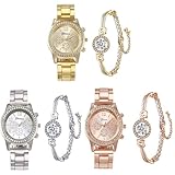 Dacdyi 3 Pcs Elegant Diamond Watches and Bracelet Set for Women Classic Round Dial Rehinestore Bezel Analog Quartz Ladies Watches