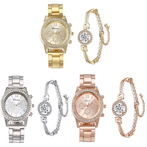 Dacdyi 3 Pcs Elegant Diamond Watches and Bracelet Set for Women Classic Round Dial Rehinestore Bezel Analog Quartz Ladies Watches