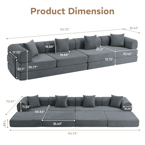 Image of 141.73'' U-Shaped Sectional Sofa Bed, 6-in-1 Modular Corduroy Couch with Soft Cloud-Like Feel, Removable Storage Bag, Anti-Pilling Fabric, Tool-Free Assembly, for Living Room, Grey