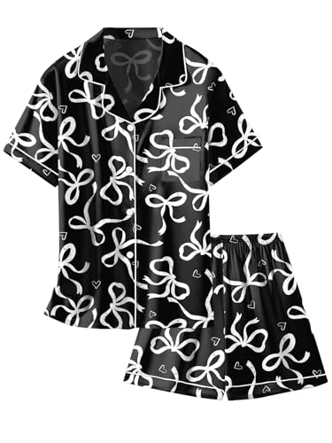 Image of Schbbbta Women Pajamas Set, 2 Pieces Satin Silk Button Down Pjs Short Sleeve Outfits Loungewear