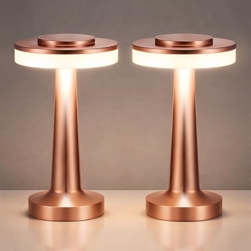 Image of Riakrum 2 Pcs LED Cordless Table Lamp Bulk Rechargeable,Rose Gold | Portable Wireless Lamps, 3 Color Stepless Dimming, 15 Hour Battery, Touch Control, Wedding Home Restaurant Decor