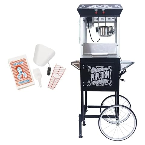 Deluxe Theater-Style Popcorn Machine with Cart & 8-Ounce Kettle – Vintage Design on Wheels, Perfect for Parties, Home Theaters, & Events – Vibrant Red Popcorn Popper (Black) Cover