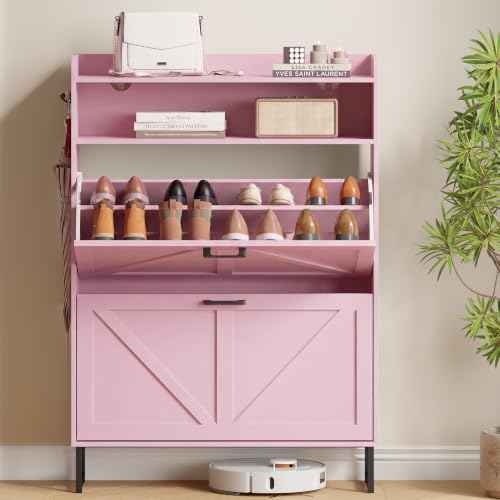 Image of Xixini Shoe Storage Cabinet with 2 Flip Drawers, Entryway Shoe Rack, Pink