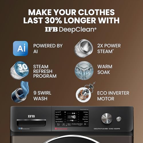 Image of IFB 10 Kg 5 Star, DeepClean Technology, AI Powered, WiFi, Fully Automatic Front Load Washing Machine (EXECUTIVE PLUS MBN 1014K,PowerSteam,9 Swirl, Steam Refresh, Inbuilt Heater, Eco Inverter, Mocha)