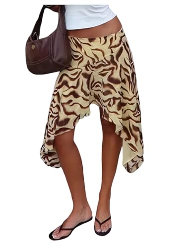 Milumia Women's Animal Print Asymmetrical Midi Skirt Y2k Low Rise Flowy Summer Going Out Skirts Yellow Small