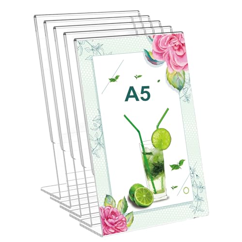 Expositor Metacrilato Transparente, A5 Soporte para Letreros de Acrílic, 5 Piezas Soporte A5, Soporte de Mesa de Acrílico para Carteles, para Oficina, Tienda