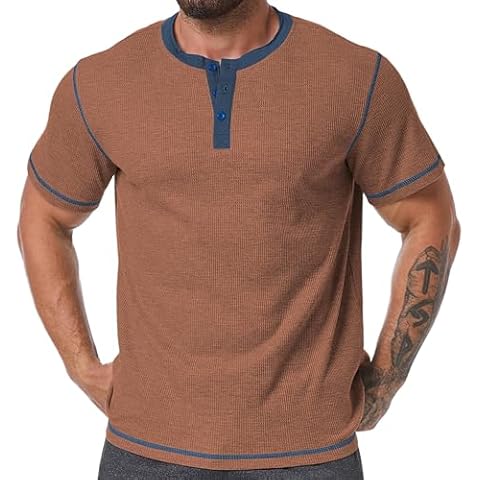 UOUA Men's Waffle Henley Short Sleeve Shirts Casual Basic Button T-Shirt Classic Summer Tops Khaki XL Cover
